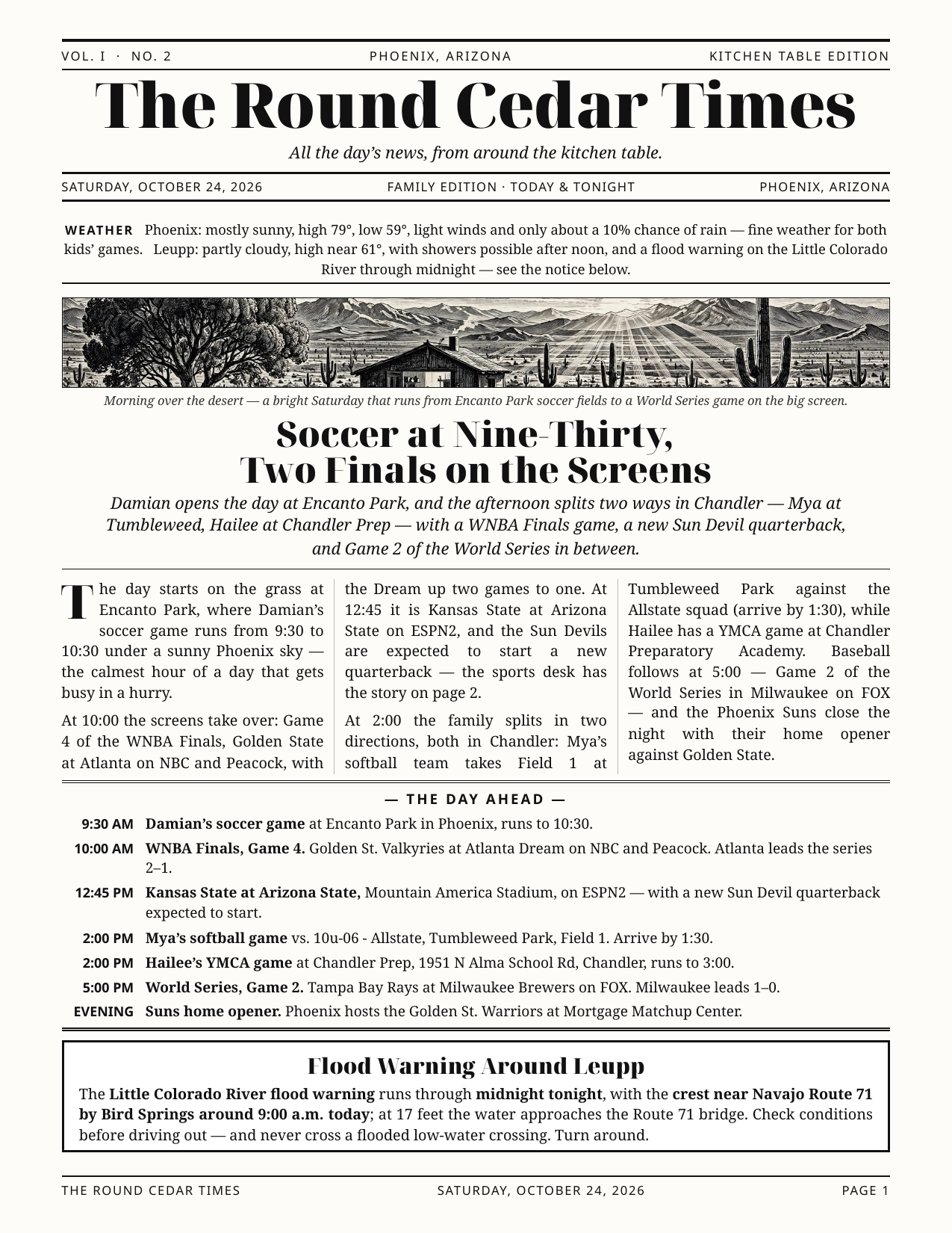 Round Cedar Times, October 24, 2026 — page 1