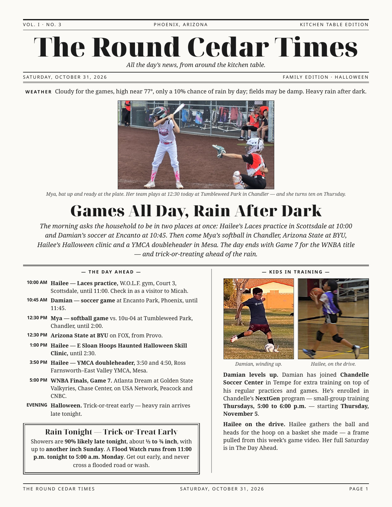 Round Cedar Times, October 31, 2026 — page 1